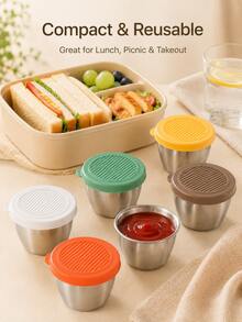 6pcs Mini Stainless Steel Sauce Cups With Colorful Silicone Lids, Reusable Condiment Dishes For Ketchup, Dressing, And Dips, Perfect For Kitchen, Lunch, Picnic, Party Gifts, Random Color - View 5