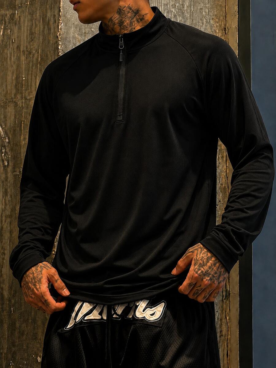 Men's Solid Color Quarter Zip Raglan Sleeve Sports Top, Loose Fit Long Sleeve Workout Pullover For Gym, Running & Training Black - Black - View 1