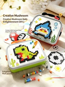 Children's DIY Pixel Mosaic Puzzle Toy, Plug-In Building Block Set, Mushroom Nail Art Craft Kit, Cartoon Animal Pattern Matching Game, Color Recognition Activity, Fine Motor Skills Toy, Portable Travel Storage Box, Interactive Learning Gift For Toddlers And Children - Multicolor - View 3