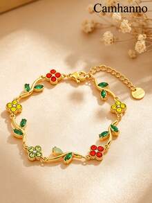 Camhanno 1 Stück Mori-Stil Ast & Vierblatt-Kleeblatt Armband, gefertigt aus Edelstahl mit 18K Goldbeschichtung, wasserdicht, schweißresistent, langanhaltender Glanz, nicht verblassend, hautfreundlich & hypoallergen, verziert mit funkelnden Strasssteinen für eine atmosphärische Ausstrahlung, perfekt für den täglichen Gebrauch und als Feiertagsgeschenk - goldene 6 - Übersicht 3