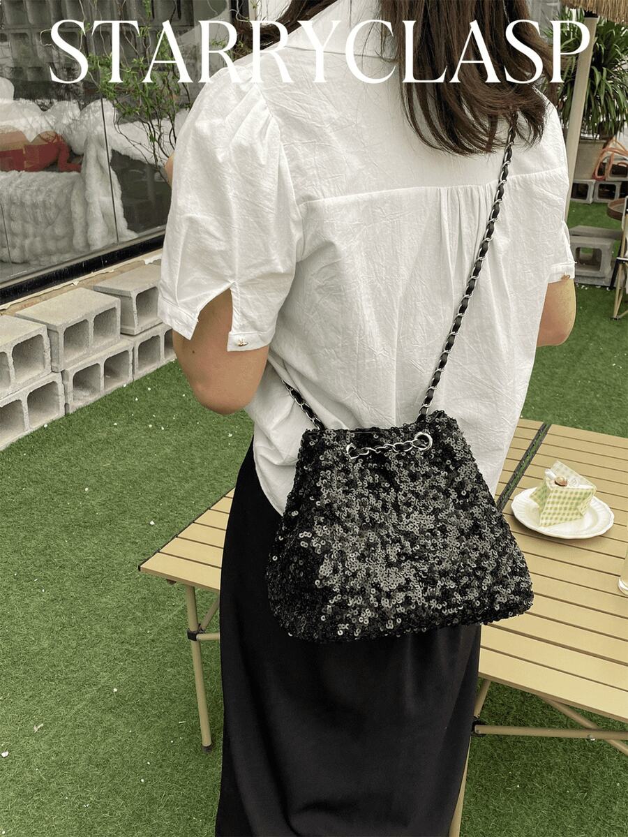 Glossy Chain Decor Tote Bag, Shoulder & Underarm Dual Use, Versatile Party & Date Night Atmosphere Small Bag - Black - View 1