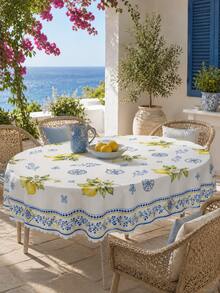 Mediterranean Lemon Waterproof Rectangular Blue & White Tile Pattern Tablecloth, Water-Repellent Stain-Resistant Washable Polyester Material, Suitable For Outdoor Garden Dining, Summer Picnic Party, Kitchen, Country Farmhouse Style Holiday Coffee Dinner Table Decor - Multicolor - View 9