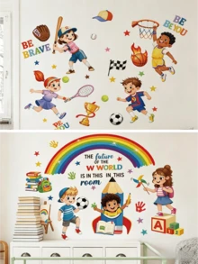 1pc Cartoon Children's Theme Wall Sticker Set, Sports/Rainbow Learning Dual Styles Available, Self-Adhesive Inspirational Decorative Stickers, Kids Room & Classroom Wall Decoration Tool - Wall Stickers - View 1