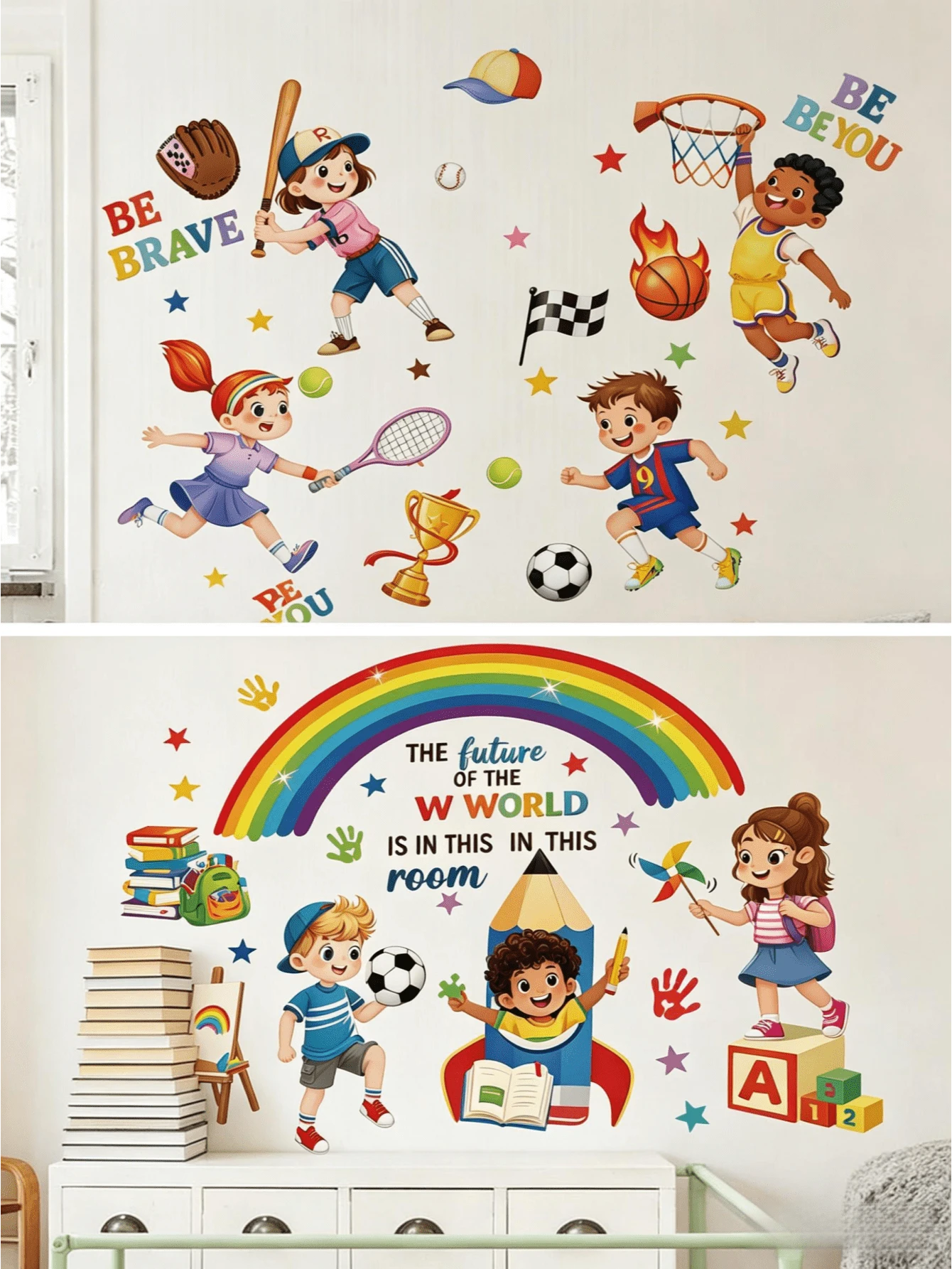 1pc Cartoon Children's Theme Wall Sticker Set, Sports/Rainbow Learning Dual Styles Available, Self-Adhesive Inspirational Decorative Stickers, Kids Room & Classroom Wall Decoration Tool - Wall Stickers - View 1