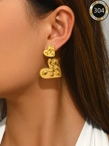 1 Pair Y2K Hot Girl Exquisite Stainless Steel Heart Stud Earrings, Women's Daily Party Date Gift/Gold - Gold - View 3