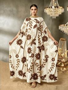 Elegant Arabic Kaftan Dress, Stand Collar Cape Sleeves, Decorated With Exquisite Beading And Contrast Color Sequin Floral Embroidery - Apricot - View 3