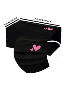 10/20/30入可愛粉色愛心印花口罩 - 彈性透氣黑色口罩，適合女性與青少年，可手洗，時尚日常配件，趣味風格，穿戴舒適 - 黑色 - 查看 3