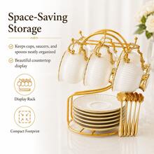 6pcs 90ml White Ceramic Coffee Cup & Saucer Set With Gold Trim, 6 Cups + 6 Saucers With Gold Metal Rack, Elegant Ribbed Espresso Tea Cup Set For Afternoon Tea, Home Kitchen, Party & Gift Use - Multicolor - View 8