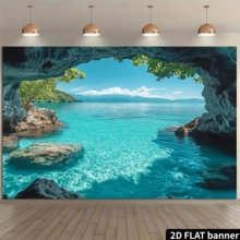 1pc 2D Flat Summer Blue-Green Ocean Landscape Wall Tapestry, 100% Polyester, Suitable For Party Decoration, No Electricity Required, Ideal Choice For Photography Studio Props - A - View 3