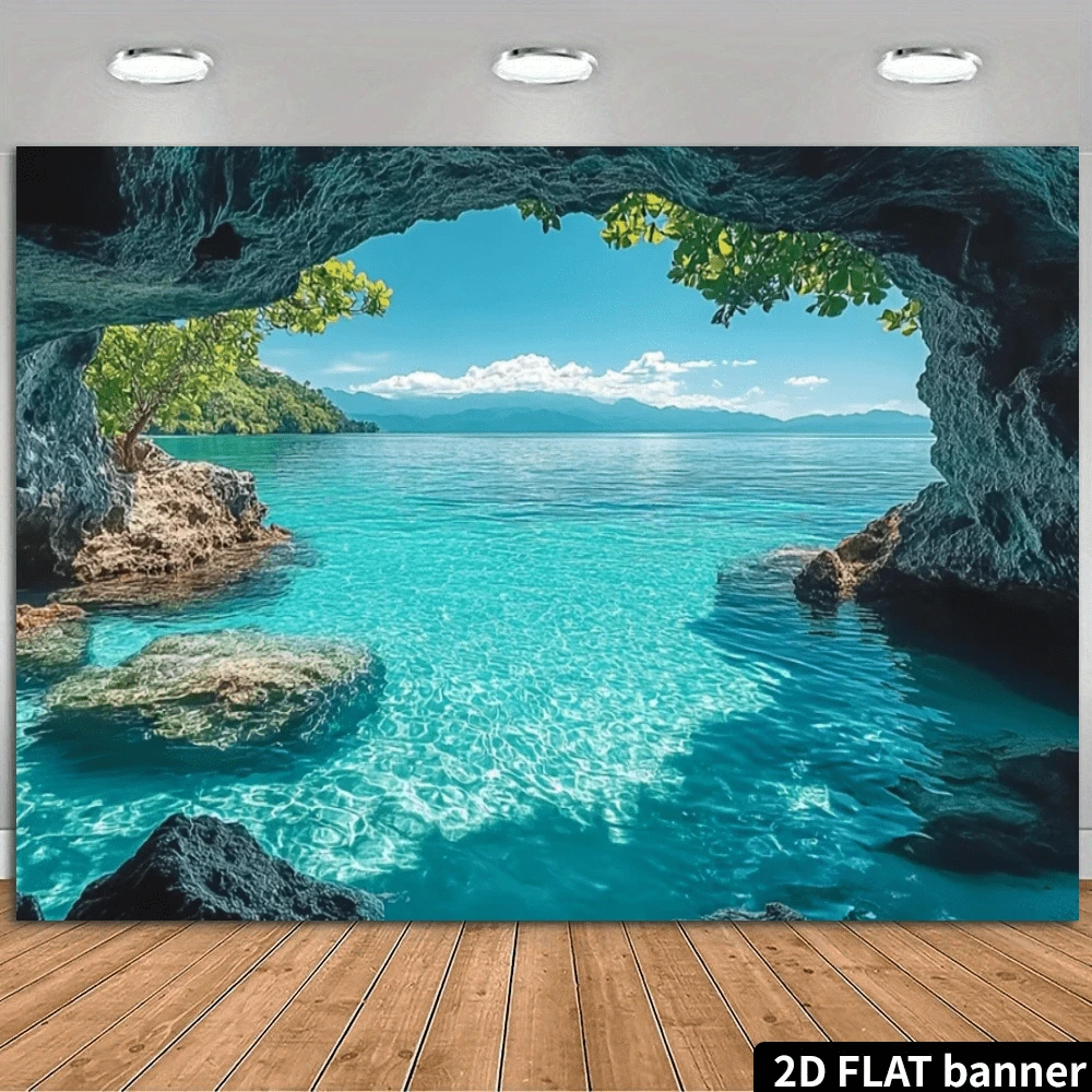 1pc 2D Flat Summer Blue-Green Ocean Landscape Wall Tapestry, 100% Polyester, Suitable For Party Decoration, No Electricity Required, Ideal Choice For Photography Studio Props