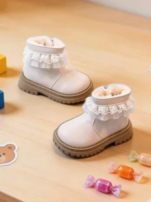 Children's Round Toe Sweet Lace Ruffle Thick Sole Snow Boots - Beige - View 5