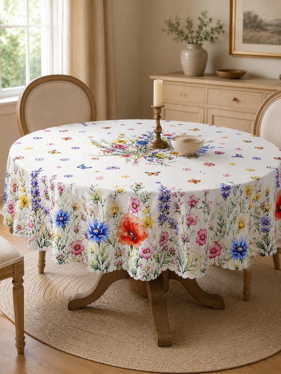 1pc Summer Wildflower & Butterfly Print Tablecloth, Polyester Wavy Edge Dining Tablecloth, Pastoral Style Rectangular/Round Tablecloth, Suitable For Home, Restaurant, Patio, Outdoor Picnic, Party - Multicolor - View 1