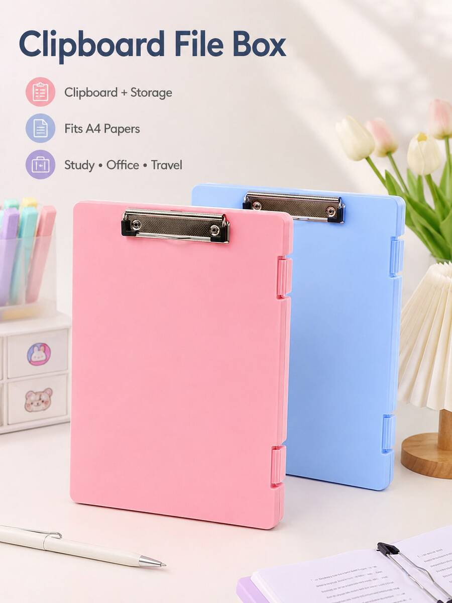 Plastic Storage Folder With Metal Clip, Multi-Functional Document Box Organizer For A4 Paper, Waterproof File Box Suitable For Office School Exam Papers, Forms, Contracts, Portable Desktop Storage Supplies, Multiple Macaron Colors Available - Multiple Styles - View 1