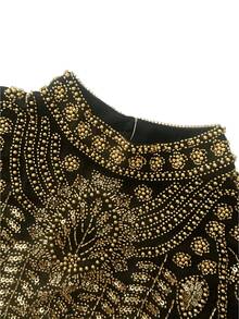 Formal Arabic Style Dress, Exquisite Black Long Gown, Decorated With Gold Beads, Contrast Sequins, Stand Collar And Flowing Cape Sleeves - Black Gold - View 5