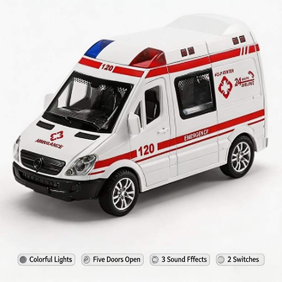 1pc Realistic Ambulance Model: 5 Doors Openable, Sound And Light Effects, Inertia Glide; Immersive Rescue Experience; Rubber Tires; ABS Shatter-Resistant Material; Children's Toy Gift - Multicolor - View 1