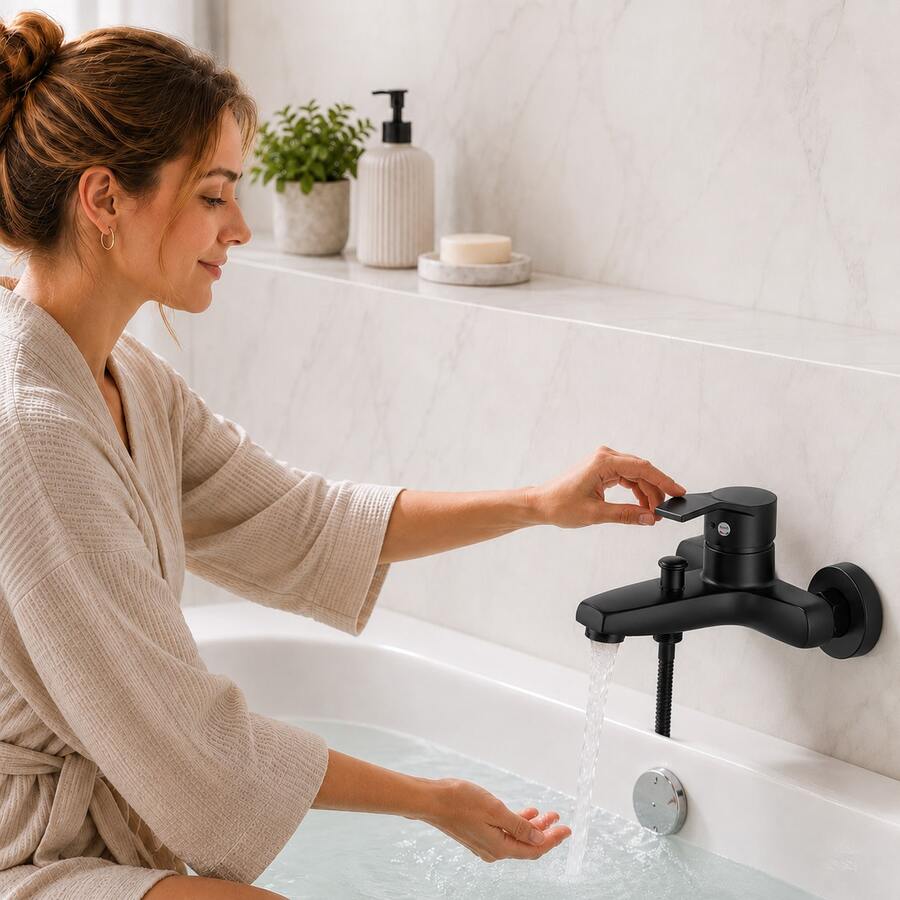 Matte Black Wall Mounted Bathtub Faucet, ABS Handle Zinc Alloy Bath Shower Mixer Tap With Diverter, Modern Hot & Cold Bathroom Faucet For Tub - A - View 1