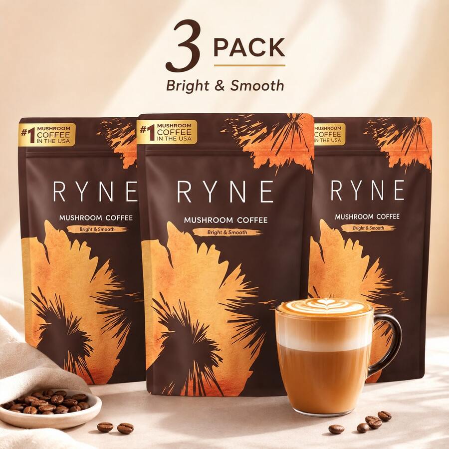 RYNE Mushroom Coffee 3-Pack Bulk Bundle, Bright & Smooth Flavor Mushroom Infused Instant Coffee, Long-Term Natural Coffee Powder Supply - 90 servings - 查看 1