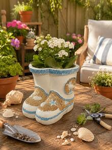 Coastal Style Boot Shaped Planter Pot, Resin Succulent Flower Container, Beach Themed With Shells, Indoor Outdoor Home Garden Patio Balcony Decor - Boot-shaped Flower Pot - View 1