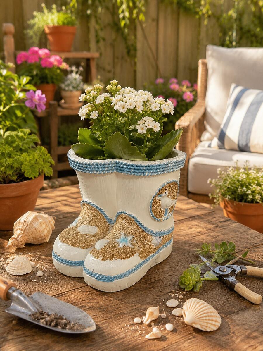 Coastal Style Boot Shaped Planter Pot, Resin Succulent Flower Container, Beach Themed With Shells, Indoor Outdoor Home Garden Patio Balcony Decor - Boot-shaped Flower Pot - View 1