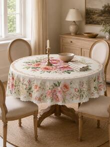 1pc Summer Pink Rose & Peony Floral Print Polyester Wavy Edge Rectangular Tablecloth, Home Daily Use Room Decor Wedding Arrangement Patio Afternoon Tea Table Cloth - Multicolor - View 7