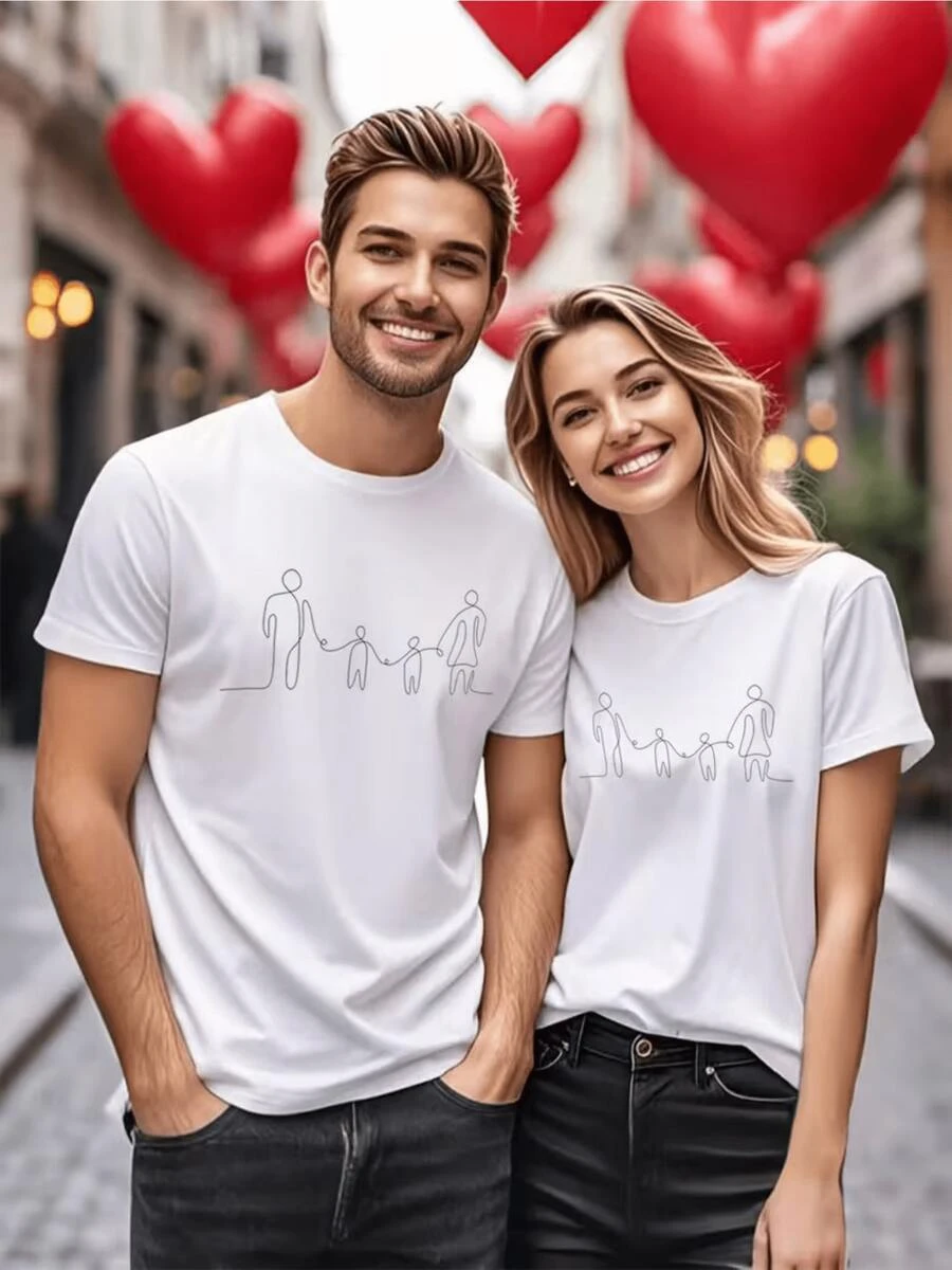 Diseño Minimalista De Una Familia Tomándose De La Mano Camiseta Unisex 1 Pieza Día De San Valentín Perfecta Para Celebrar El Amor% Algodón Camiseta BBVB - Blanco - Ver 1