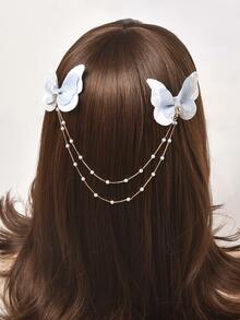 1pc Girls" Colorful Elegant Butterfly Pearl Chain Hair Clip - Blue - View 4