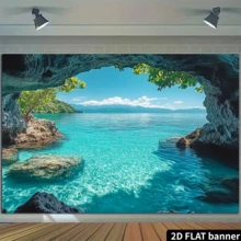 1pc 2D Flat Summer Blue-Green Ocean Landscape Wall Tapestry, 100% Polyester, Suitable For Party Decoration, No Electricity Required, Ideal Choice For Photography Studio Props - A - View 6