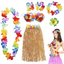 7 Sets Hawaiian Party Costume, Includes Grass Skirt Set, Necklace, Bracelet, Headband, Floral Bra, Perfect For Beach Party Decor And Easter Cheerleading Performance - Multicolor - View 5