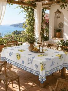 Mediterranean Lemon Waterproof Rectangular Blue & White Tile Pattern Tablecloth, Water-Repellent Stain-Resistant Washable Polyester Material, Suitable For Outdoor Garden Dining, Summer Picnic Party, Kitchen, Country Farmhouse Style Holiday Coffee Dinner Table Decor - Multicolor - View 8