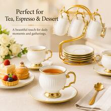6pcs 90ml White Ceramic Coffee Cup & Saucer Set With Gold Trim, 6 Cups + 6 Saucers With Gold Metal Rack, Elegant Ribbed Espresso Tea Cup Set For Afternoon Tea, Home Kitchen, Party & Gift Use - Multicolor - View 7