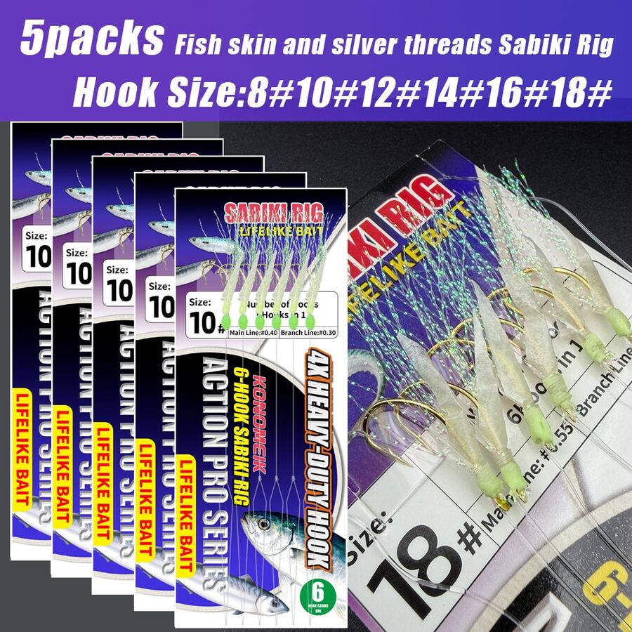 5 Packs Sabiki Rig With Fish Skin And Silver Threads, Glow Beads, High Carbon Steel Hooks, Efficient Sea Fishing Accessories (Suitable For Mackerel/Sardine/Bass/Tuna) - White - View 1