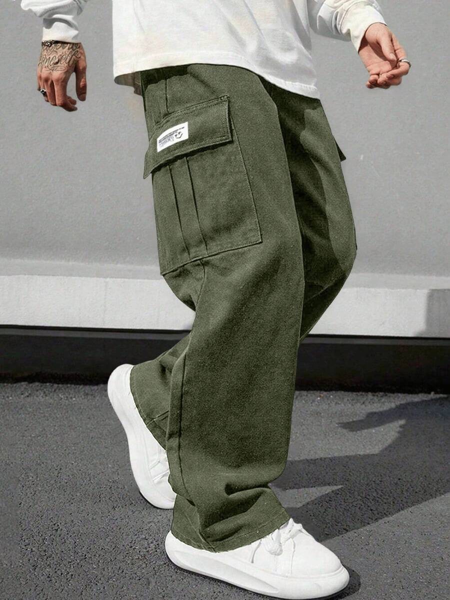 Plus Size Men's Multi-Pocket Cargo Straight Leg Pants, Loose Fit, Versatile For Fitness And Commuting, Spring/Autumn - Army Green - View 1