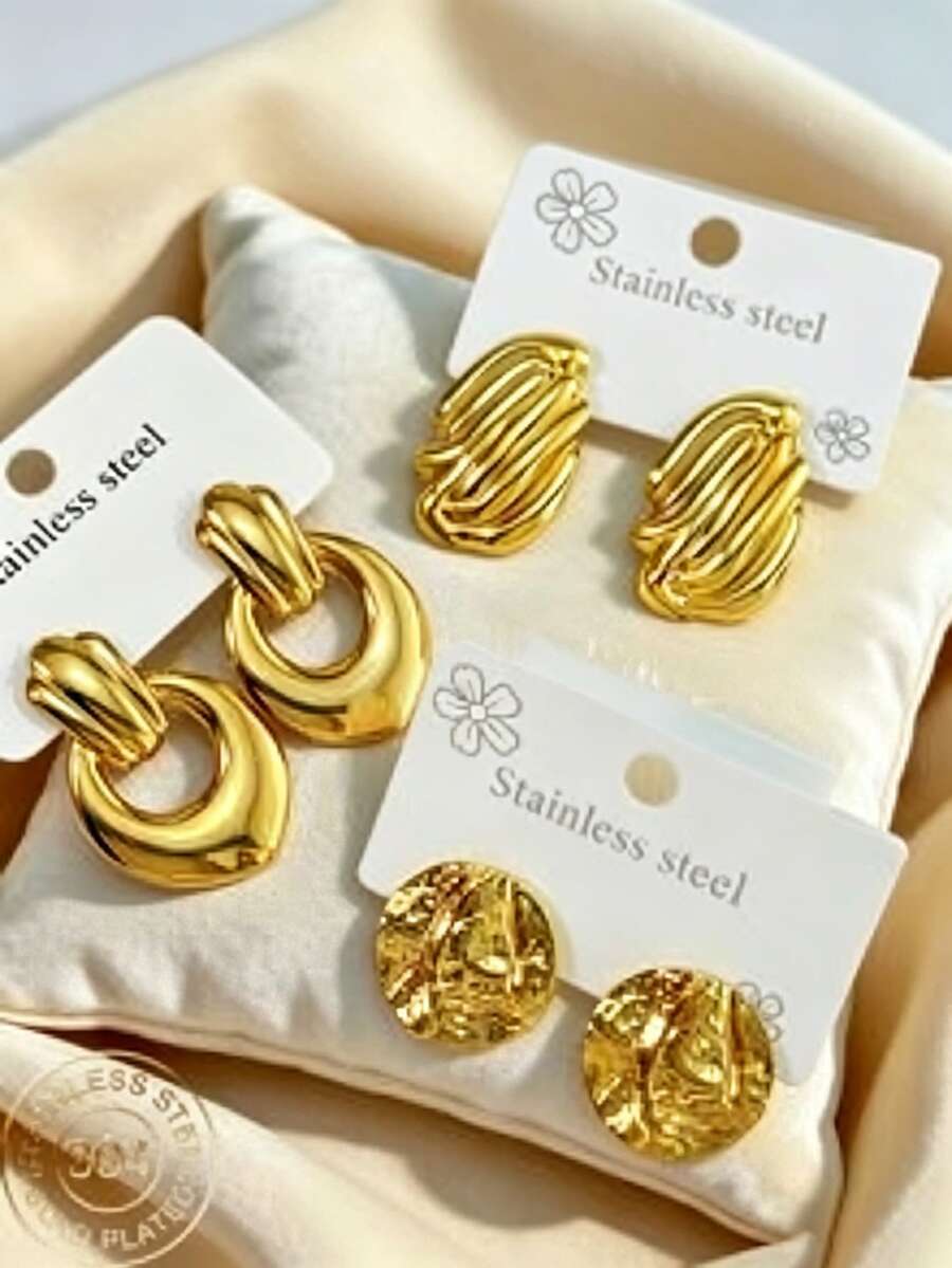 耐用堅固不鏽鋼耳環,金色幾何形狀不鏽鋼飾品 - 彩色 - 查看 1
