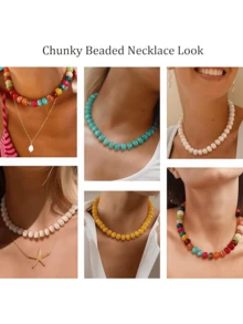 1pc Women's Colorful Chunky Chain Necklace, Fashion Multi-Color Large Cylindrical Resin Bead Necklace, Bohemian Style Chunky Statement Choker Necklace, Y2K Summer Jewelry, Handmade Jewelry Gift Accessory, Paired With Stainless Steel - Chunky Bead Necklace - View 4
