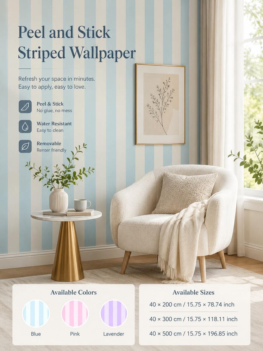 SUPSTICKER 1件裝糖果寬條紋撕貼式壁紙,防水可移除PVC壁紙,適合遊戲室、臥室,租屋友善,3種尺寸 - 彩色 - 查看 1