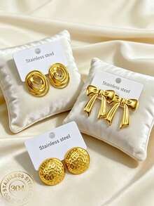 Pendientes de acero inoxidable duraderos, joyería de acero inoxidable geométrica dorada, pendientes para mujer, pendientes colgantes, pendientes de aro con bisagra chapados en oro, textura de bambú, corte de diamante, hexágono, cuadrado, redondo, corazón, lágrima, mariposa, hoja, flor, diseño asimétrico, pendientes hipoalergénicos resistentes - Multicolor - Ver 1