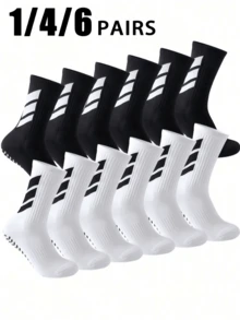 1/4/6 Pairs Men's Anti-Slip Silicone Grip Breathable Striped Mid-Calf Socks, Suitable For Football Training And Long-Distance Scenarios - Black and White - View 12