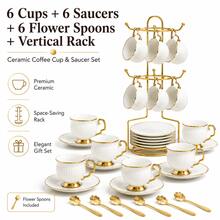 6pcs 90ml White Ceramic Coffee Cup & Saucer Set With Gold Trim, 6 Cups + 6 Saucers With Gold Metal Rack, Elegant Ribbed Espresso Tea Cup Set For Afternoon Tea, Home Kitchen, Party & Gift Use - Multicolor - View 12