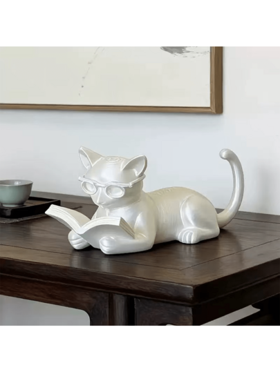 迷人學者貓雕像，戴眼鏡讀書的白色貓雕像，裝飾性動物藝術品，客廳書房裝飾，給貓咪與文學愛好者的特別禮物