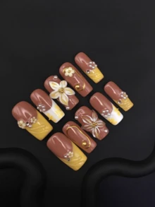 Handmade Caramel Yellow Tone Press On Nails, Stereo Cream Flower Gilded Line Pearl, Medium Square Gentle False Nails For Daily Wear - Multicolor - View 3