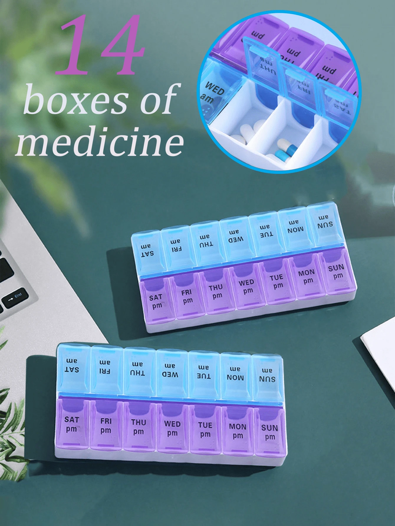 Caja de pastillas multifuncional de 14 compartimentos/4 compartimentos, caja de almacenamiento de medicamentos a prueba de polvo y humedad, caja de almacenamiento de vitaminas, botella de pastillas mini esencial para viajes, estuche de almacenamiento de medicamentos, estante de almacenamiento de medicamentos