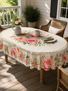 1pc Summer Pink Rose & Peony Floral Print Polyester Wavy Edge Rectangular Tablecloth, Home Daily Use Room Decor Wedding Arrangement Patio Afternoon Tea Table Cloth - Multicolor - View 9