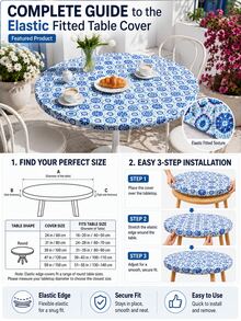 1 pieza-Cubierta de mesa elástica ajustada redonda con estampado de azulejos de porcelana azul, mantel de poliéster elástico con borde elástico, cubierta de mesa lavable de ajuste ceñido para cocina, patio, jardín, comedor, piscina, picnic, uso interior y exterior - Multicolor - Ver 2
