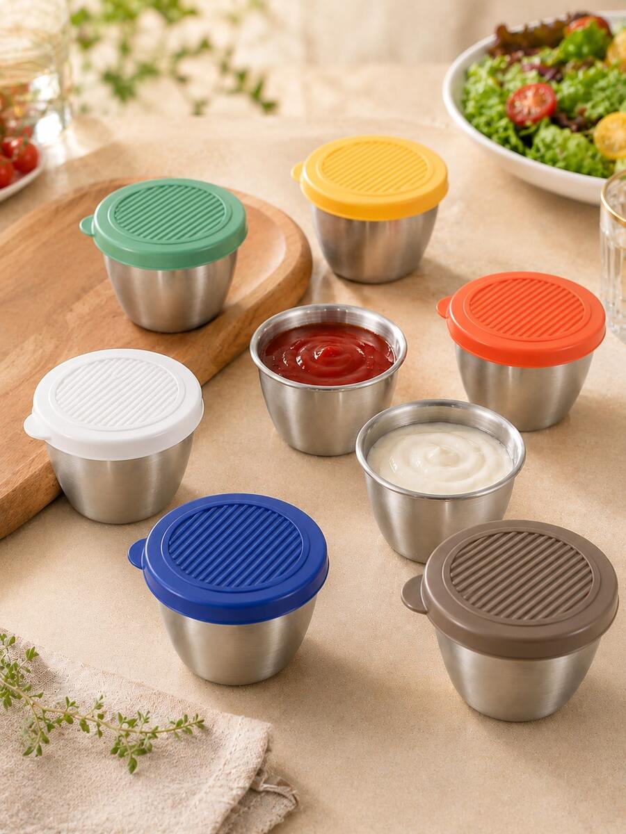 6pcs Mini Stainless Steel Sauce Cups With Colorful Silicone Lids, Reusable Condiment Dishes For Ketchup, Dressing, And Dips, Perfect For Kitchen, Lunch, Picnic, Party Gifts, Random Color