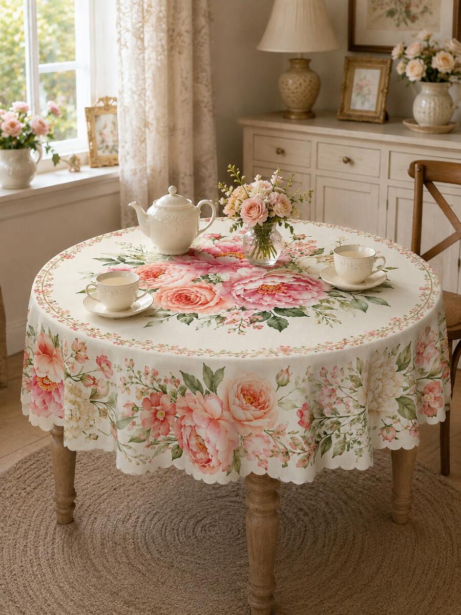 1pc Summer Pink Rose & Peony Floral Print Polyester Wavy Edge Rectangular Tablecloth, Home Daily Use Room Decor Wedding Arrangement Patio Afternoon Tea Table Cloth - Multicolor - View 1