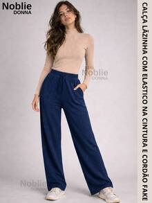 Women's Comfortable Wide Leg Wool Pants, Loose Fit, High Waist, Casual, For Everyday Wear. - Navy Blue - View 4
