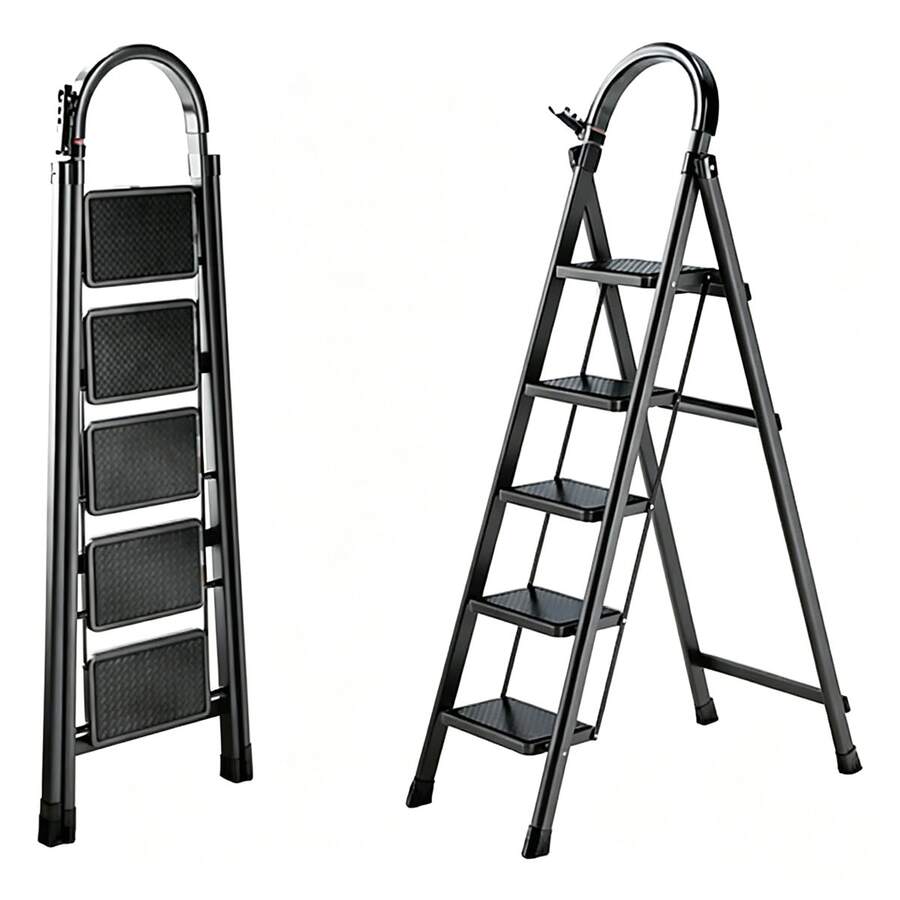 Portable 5-Step Tubular Folding Ladder - Black - View 1