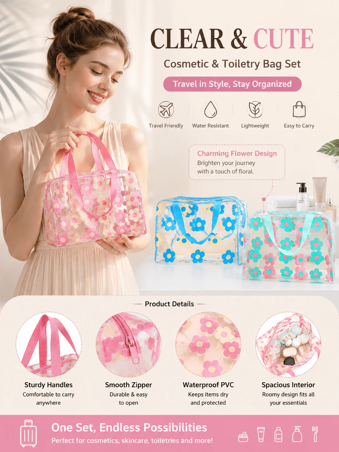 Tas Kosmetik Transparan Bermotif, Kantong Penyimpanan PVC Tahan Air Kapasitas Besar Portabel, Tas Perlengkapan Mandi Genggam untuk Pria - MultiWarna - View 1