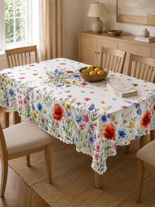 1pc Summer Wildflower & Butterfly Print Tablecloth, Polyester Wavy Edge Dining Tablecloth, Pastoral Style Rectangular/Round Tablecloth, Suitable For Home, Restaurant, Patio, Outdoor Picnic, Party - Multicolor - View 2