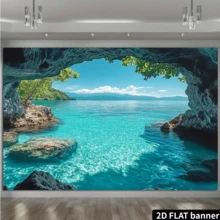 1pc 2D Flat Summer Blue-Green Ocean Landscape Wall Tapestry, 100% Polyester, Suitable For Party Decoration, No Electricity Required, Ideal Choice For Photography Studio Props - A - View 4
